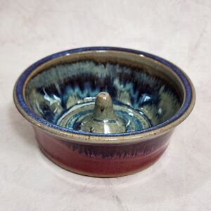 Alewine Pottery 6.5" D Stoneware Srip Glaze Red Blue Gray Farmhouse Dish Bowl